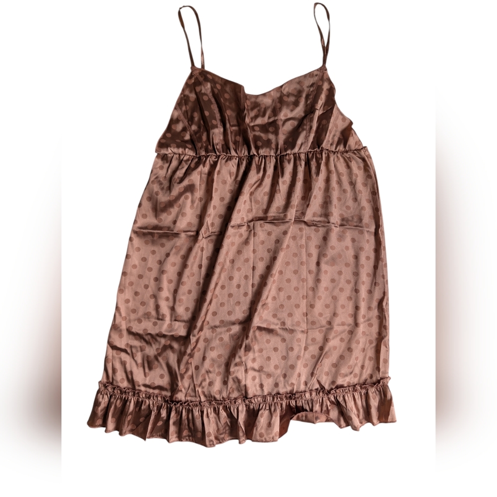 Satin Polka Dot Mini Slip Dress Babydoll Style Bronze Ruffle Hem XL Coquette